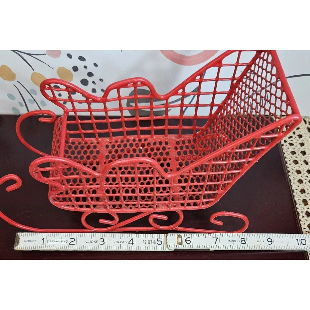 Red Enamel on Metal Wire Basket Christmas Tabletop Santa Sleigh Decor Storage